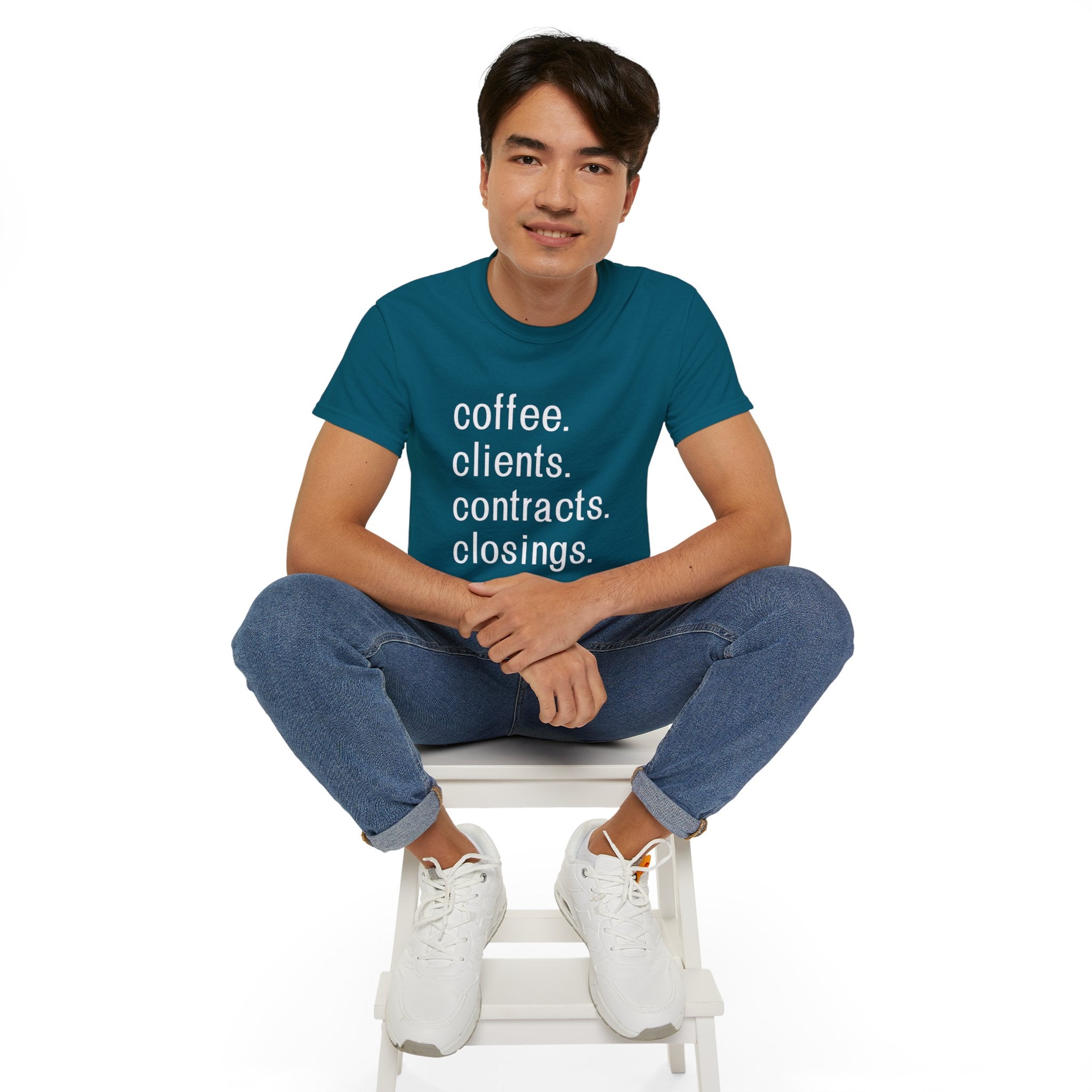Coffee. Clients. Contracts. Closings. White Font Tee