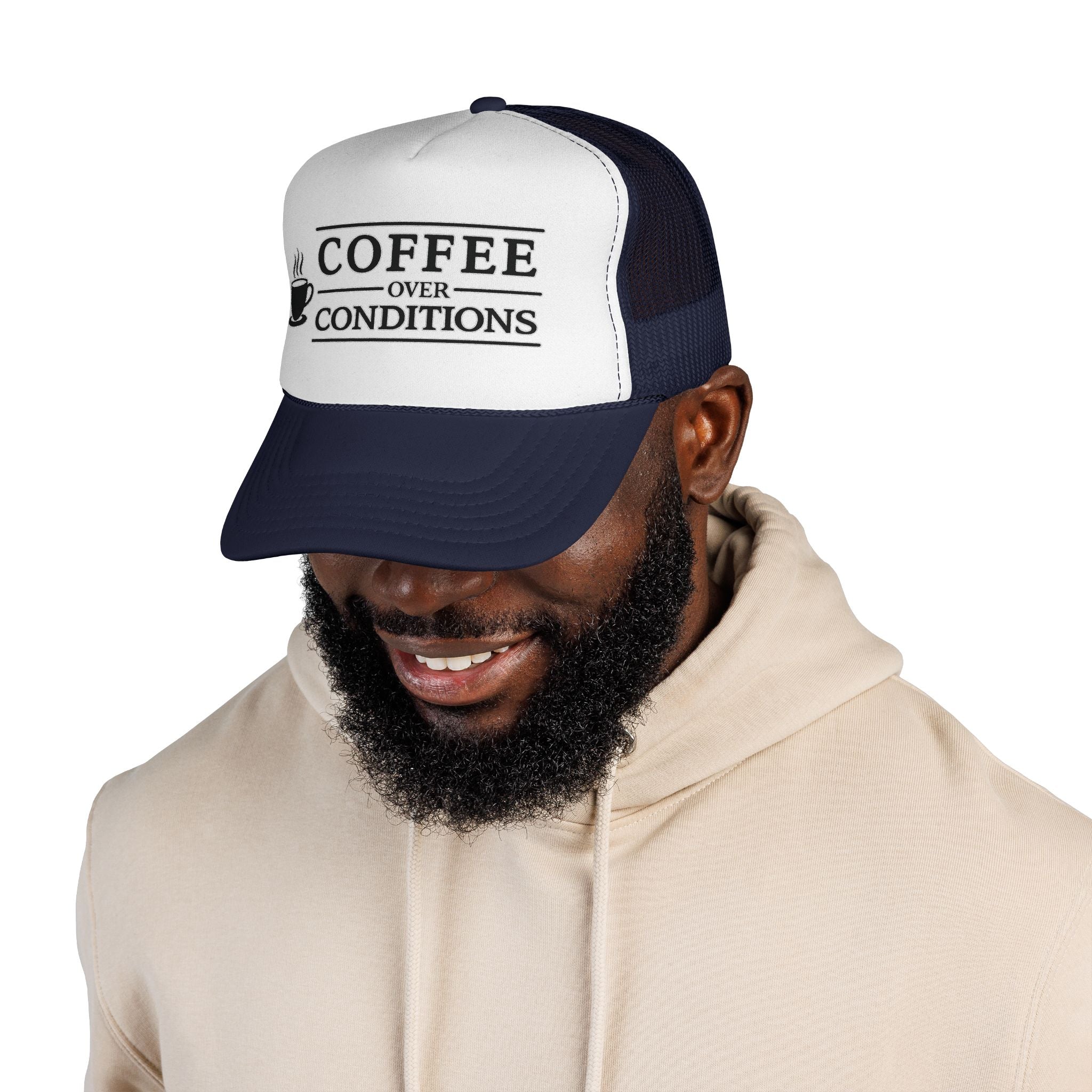 Coffee Over Conditions™ Trucker Hat | White Front