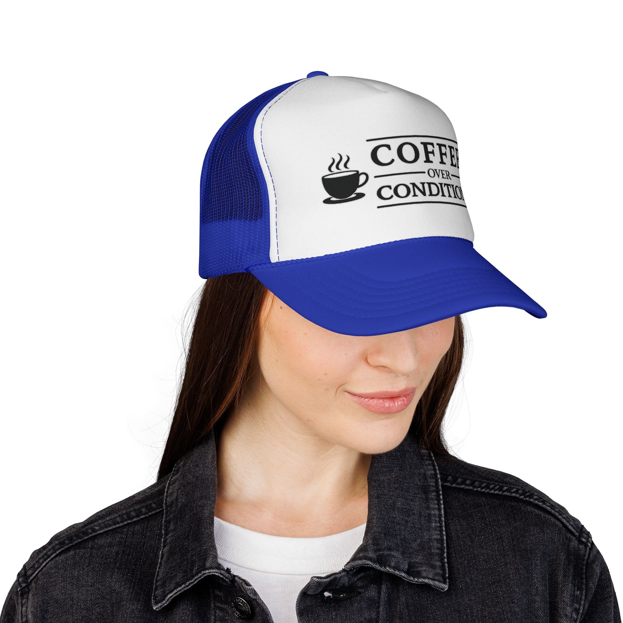 Coffee Over Conditions™ Trucker Hat | White Front