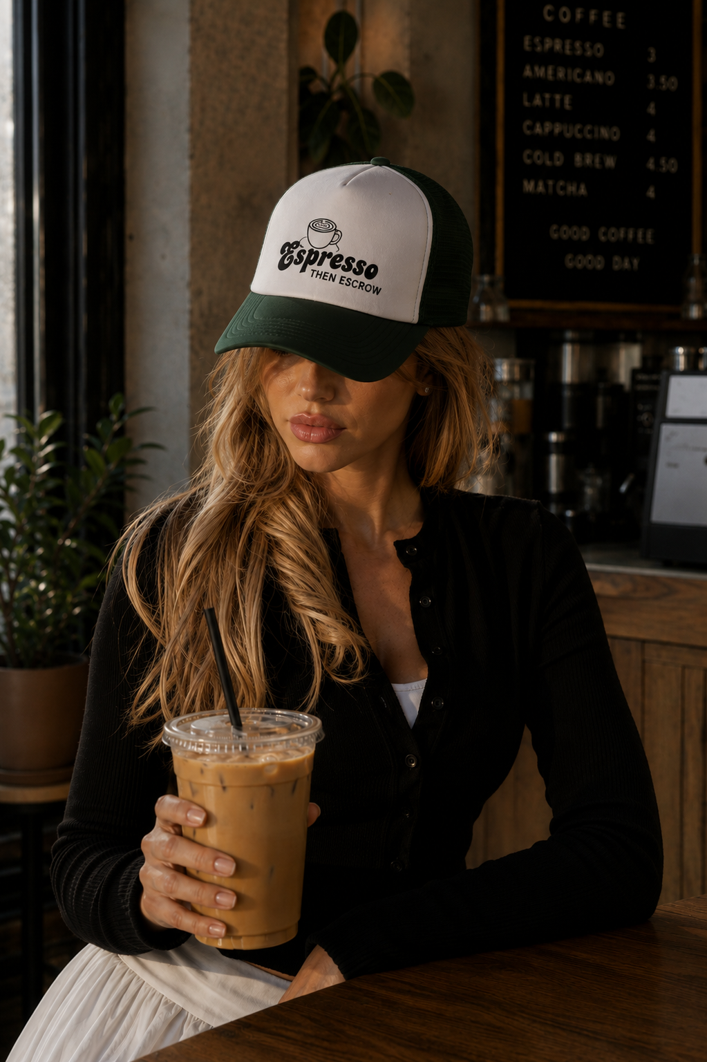 Espresso Then Escrow™ Trucker Hat | White Front