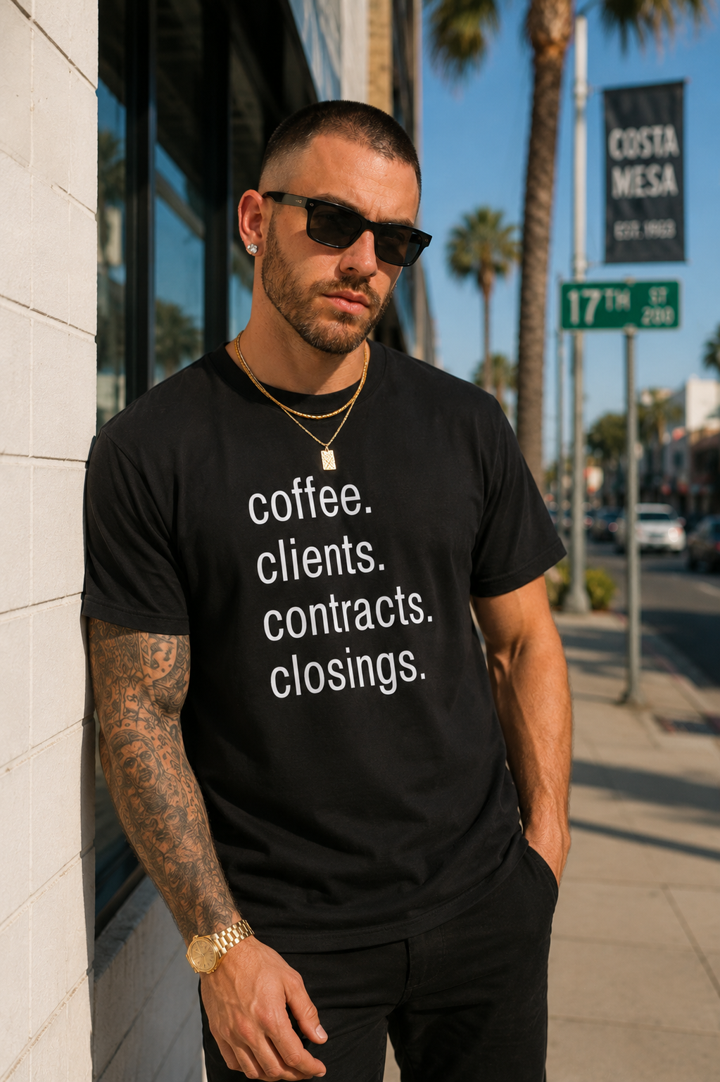 Coffee. Clients. Contracts. Closings. White Font Tee