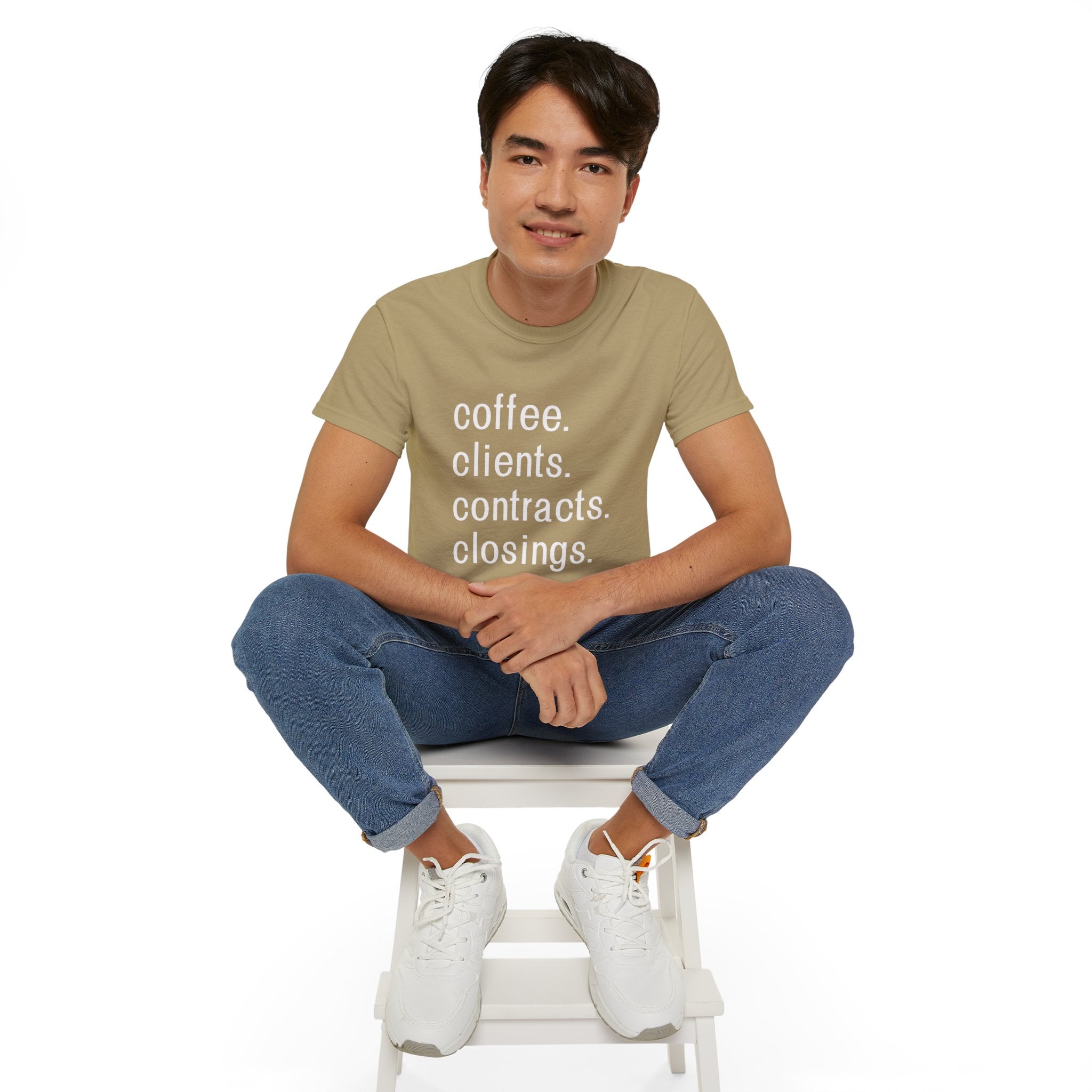 Coffee. Clients. Contracts. Closings. White Font Tee