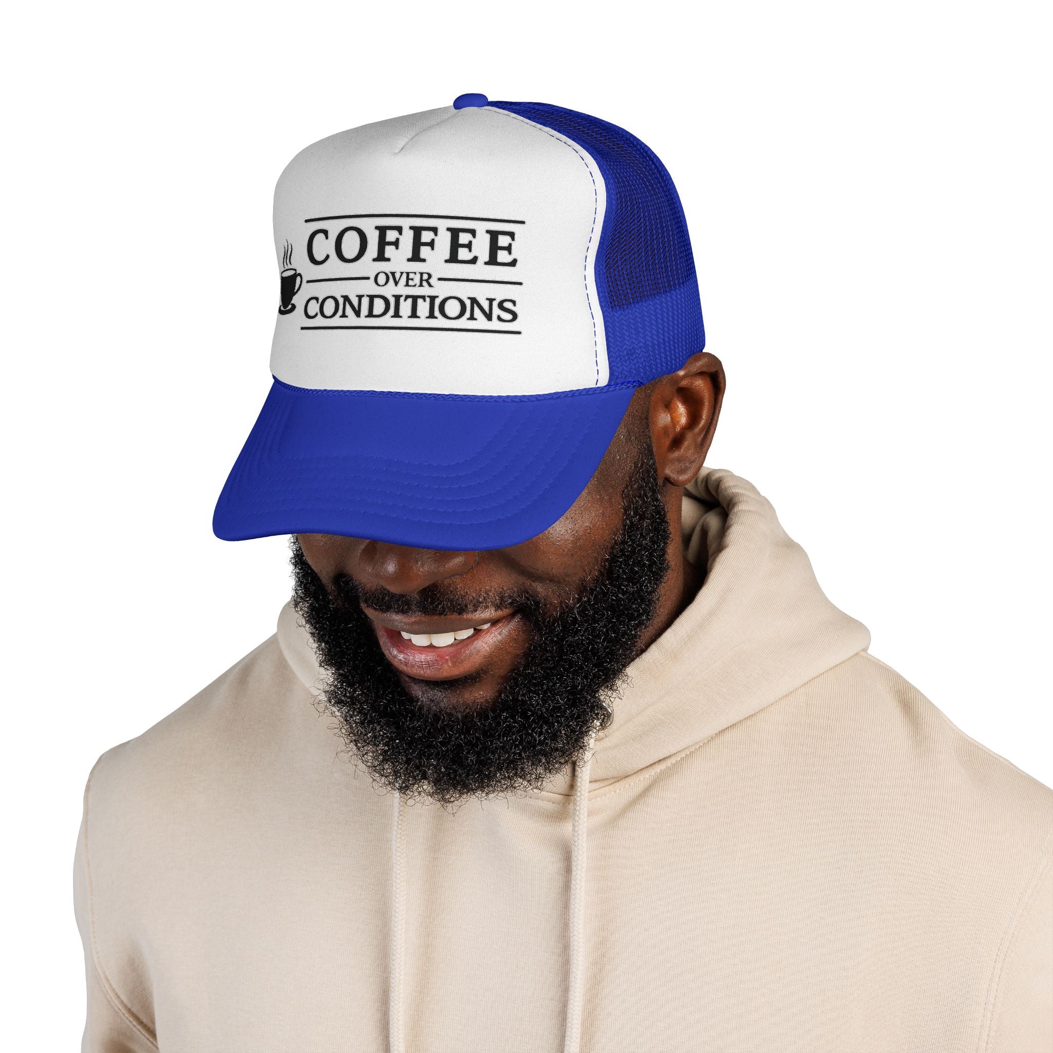 Coffee Over Conditions™ Trucker Hat | White Front