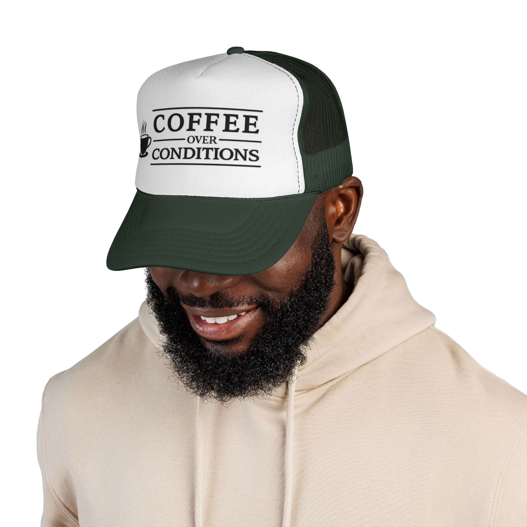 Coffee Over Conditions™ Trucker Hat | White Front