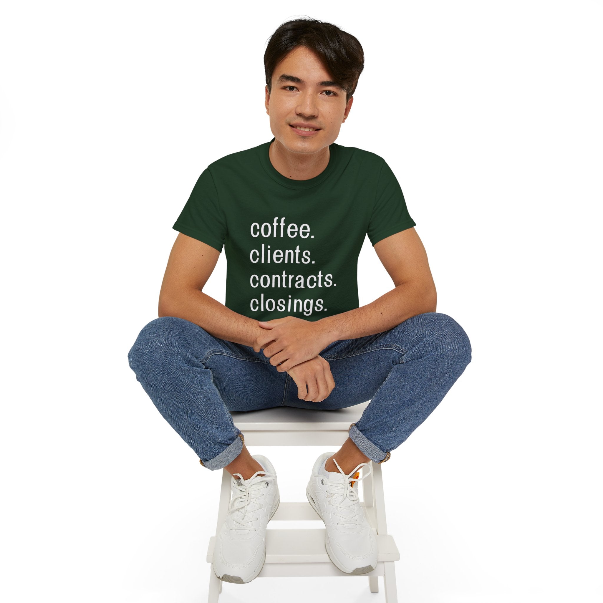 Coffee. Clients. Contracts. Closings. White Font Tee