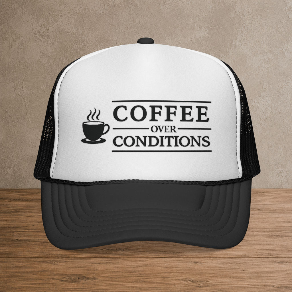 Coffee Over Conditions™ Trucker Hat | White Front