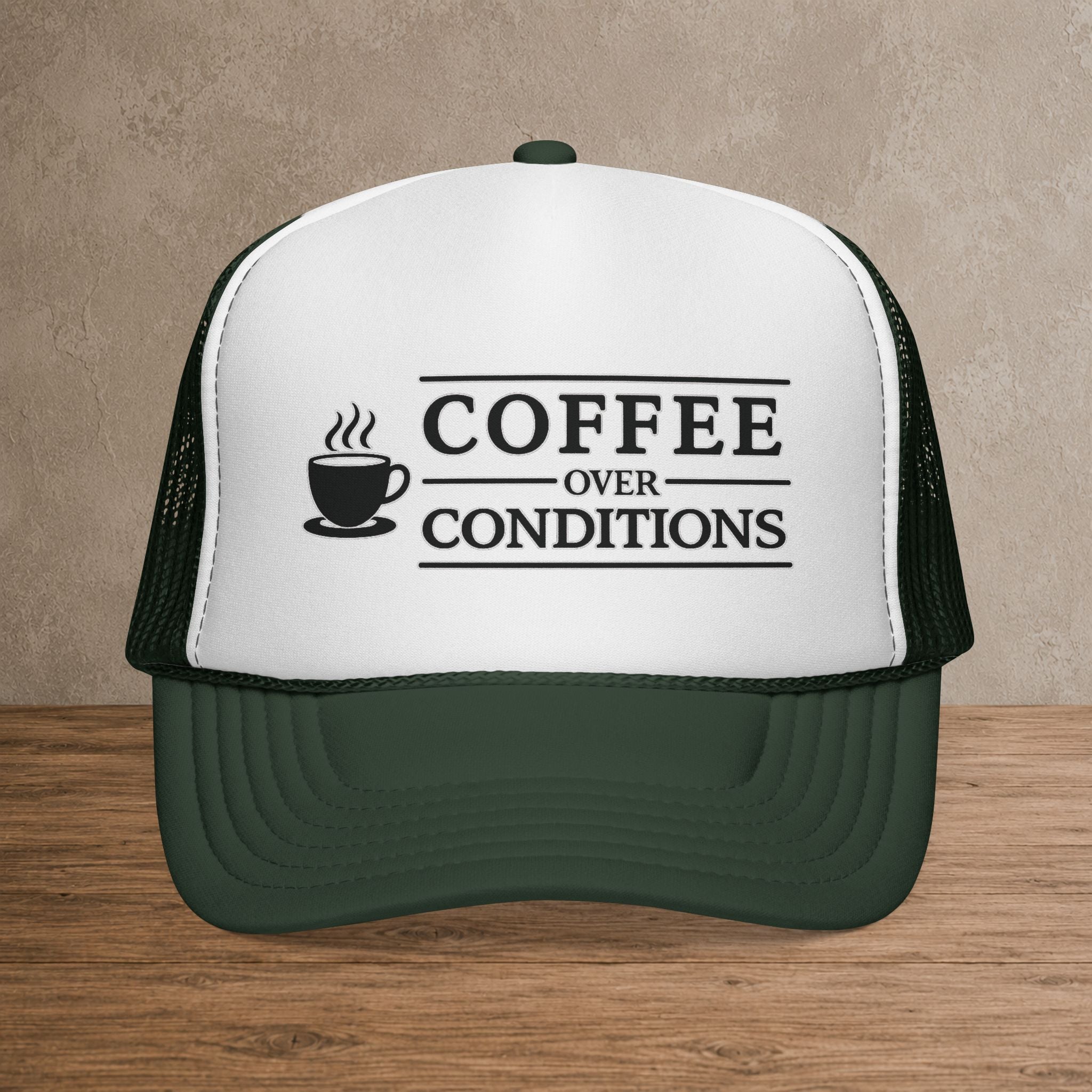 Coffee Over Conditions™ Trucker Hat | White Front