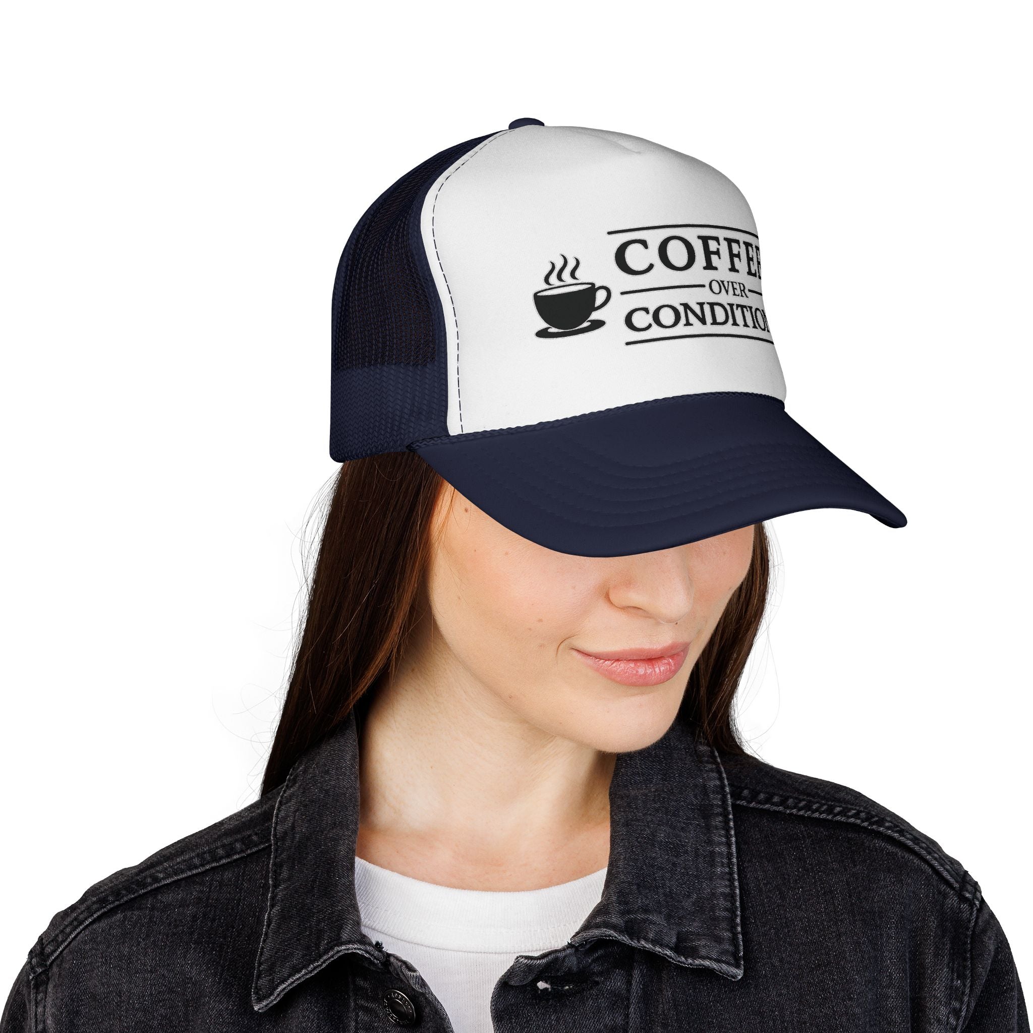 Coffee Over Conditions™ Trucker Hat | White Front